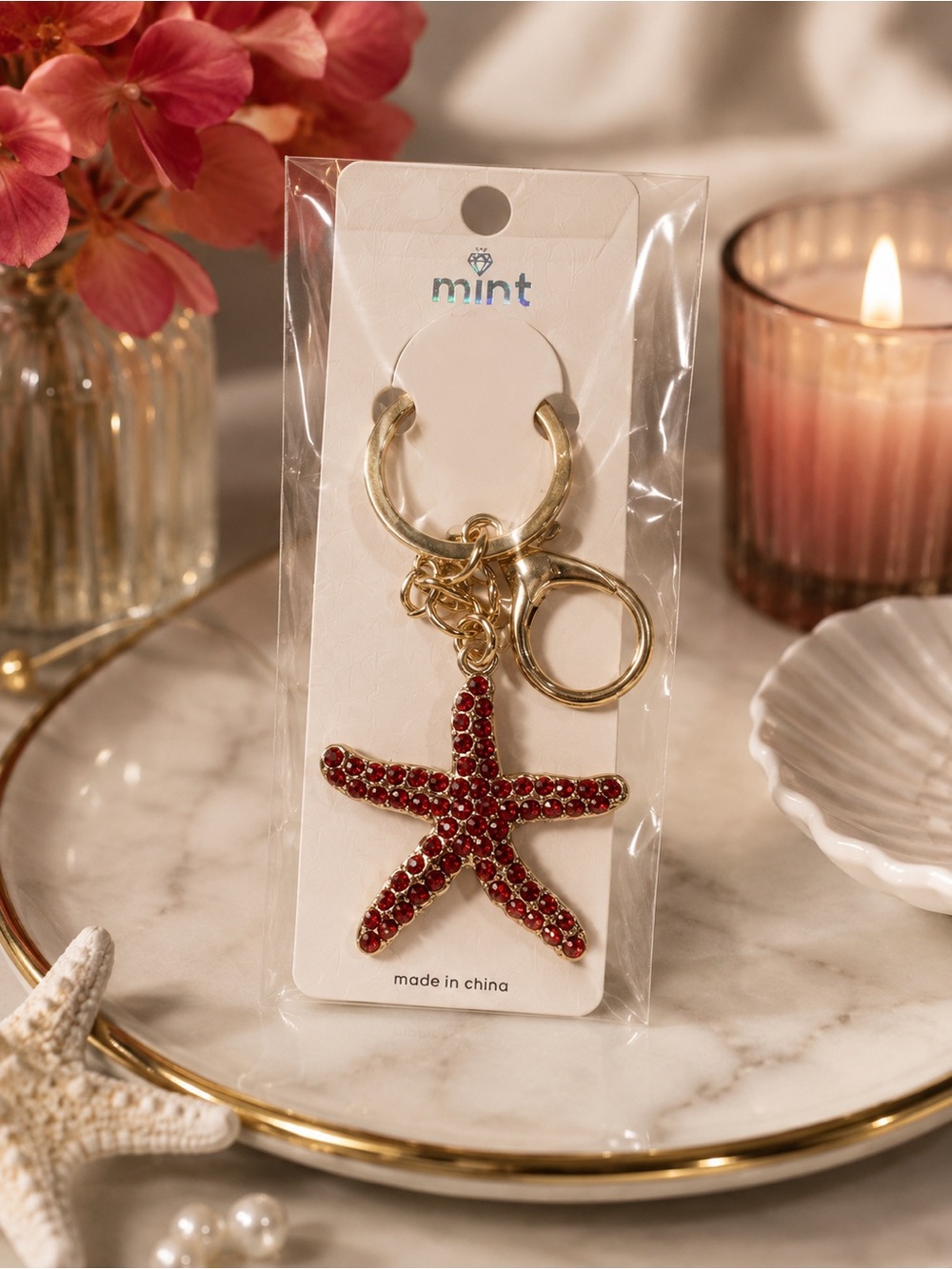 Sparkly Red Rhinestone Starfish Keychain/Charm